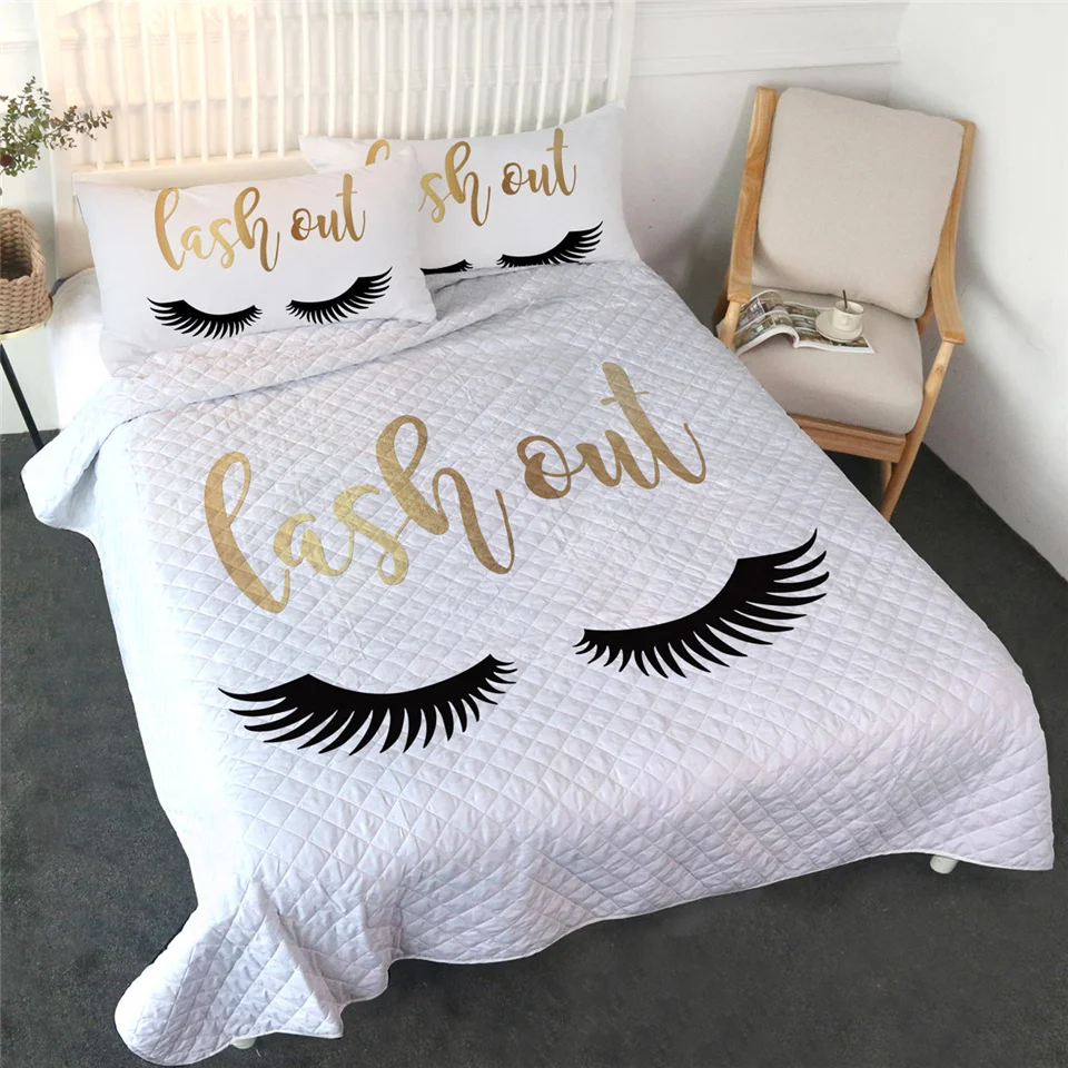 001 3pcs BlessLiving Eyelash Coverlet Set Cute Eyes Gold Black Bed Quilt Set 3-Piece Modern Bedspreads for Fashion Girls Summer Blanket - Цвет: 001 3pcs