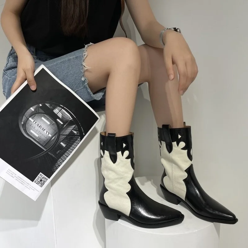 

Ботинки Челси женские, короткие ковбойские полусапожки на толстом каблуке, комбинированные, в западном стиле, черные, белые