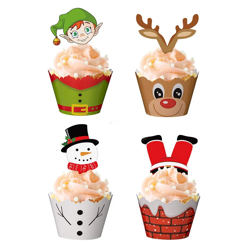 

24pcs/set Christmas Cupcake Wrapper Santa Claus Cake Accessories Merry Christmas Xmas New Year Birthday Party Cake Decorations