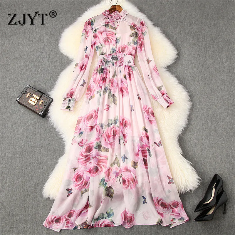 

Женское длинное шифоновое платье, модельное дизайнерское праздничное платье с цветочным принтом и оборками, вечернее платье с воротником и...