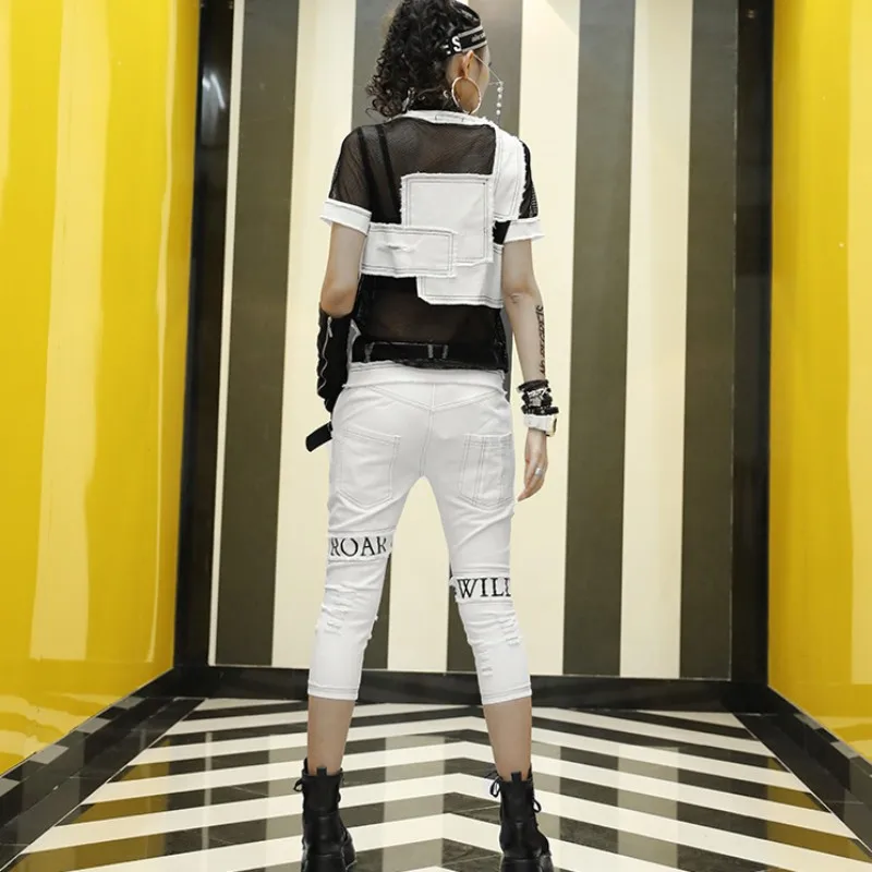 New Fashion Summer Women White Hole Ripped Denim Cotton Two Piece Set Mesh Patchwork Spliced Punk Mid Calf Pants Matching Sets