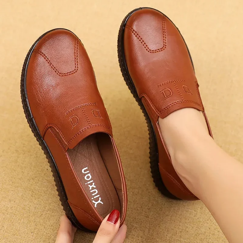 

Women's genuine Leather casual shoes Moccasins womens Loafers Ladies Sewing Round toe non-slip flat shoes woman