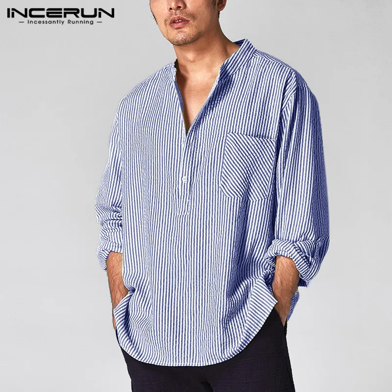 

Рубашка INCERUN Мужская в полоску, свободная сорочка с длинным рукавом, на пуговицах, с воротником-стойкой, уютная блуза, с карманами, осень