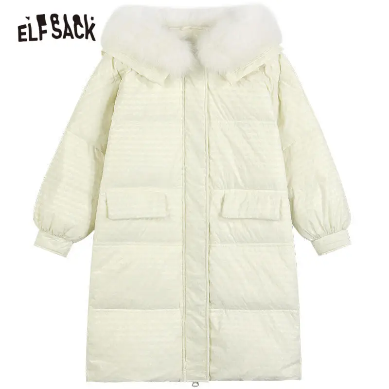 ELFSACK Solid Pure Oversize 90% White Duck Down Coat Women,2021 Winter Ladies Korean Daily Warmness Outwear