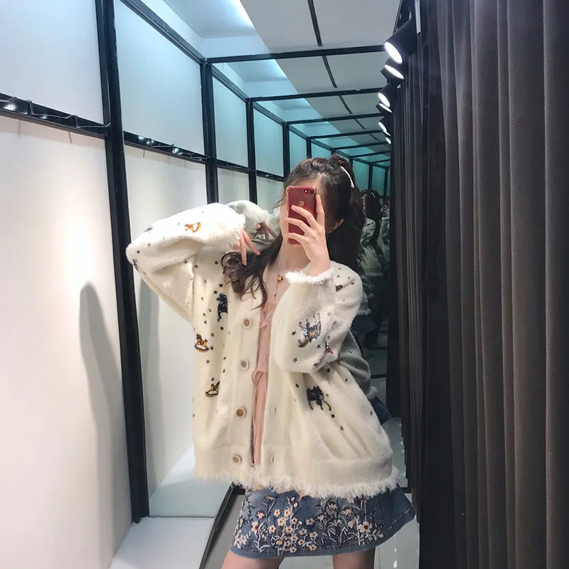 Осень 2019 новый свитер кардиган женский модный простой вышивка декоративный