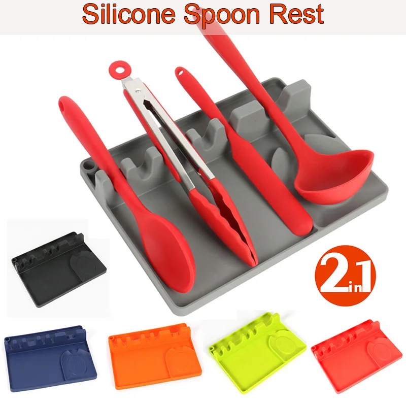 

2 in 1 Silicone Spoon Rest Larger Size Spoon Holder Upgraded Utensil Rest Includes 1 Spoon Holder and 5 Slots Kitchen Tools