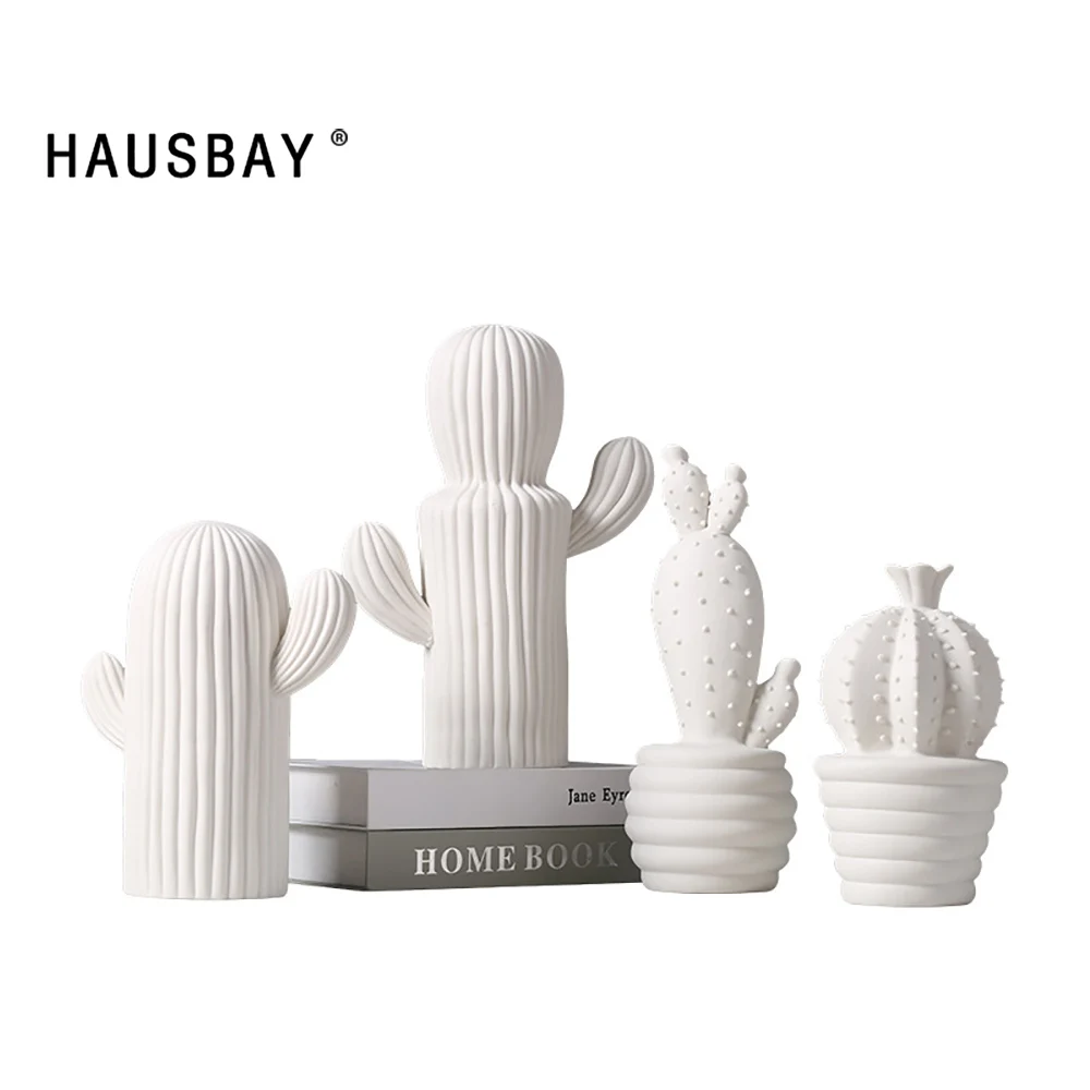 

Nordic Ceramic Cactus Statue DIY Hand-Painted White Sculpture Creative Figurines Living Room TV Cabinet Decoration Ornament D134
