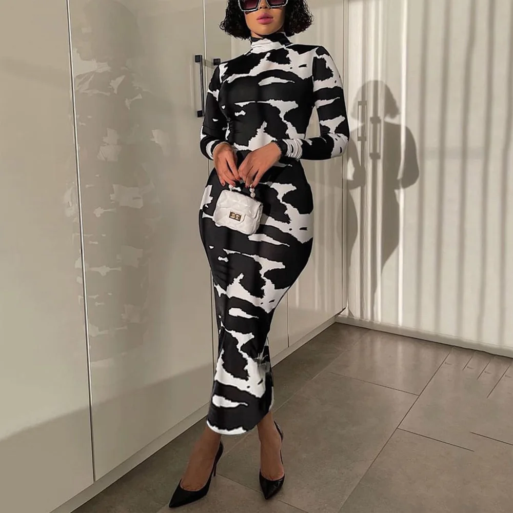 

Women Plus Size Dress Winter Autumn Turlneck Full Sleeve Black Printed Bodycon Ankle Length Large Evening Night Club Long Dress