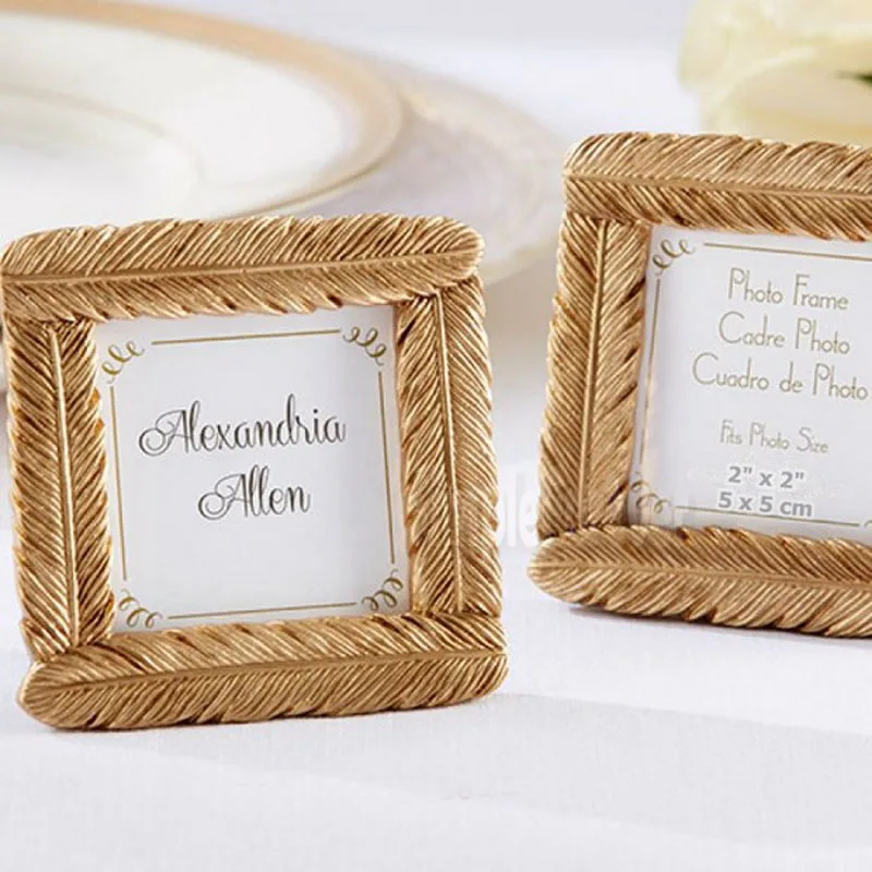 

100pcs/lot High Quality Gold Resin Feather Photo Frame Baby Shower Favors Wedding Party Giveaway