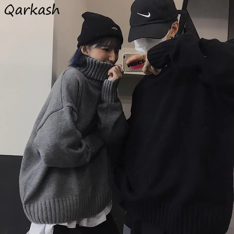 

Women Turtleneck Pullovers Black Gray Casual Winter Thicken Tops Knitted Sweater All-match Simple Harajuku All-match Unisex Chic