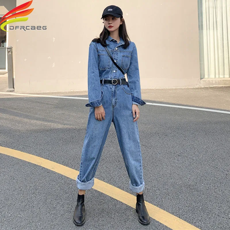 Женский джинсовый комбинезон Синий Свободный в стиле бойфренда весна 2020 |