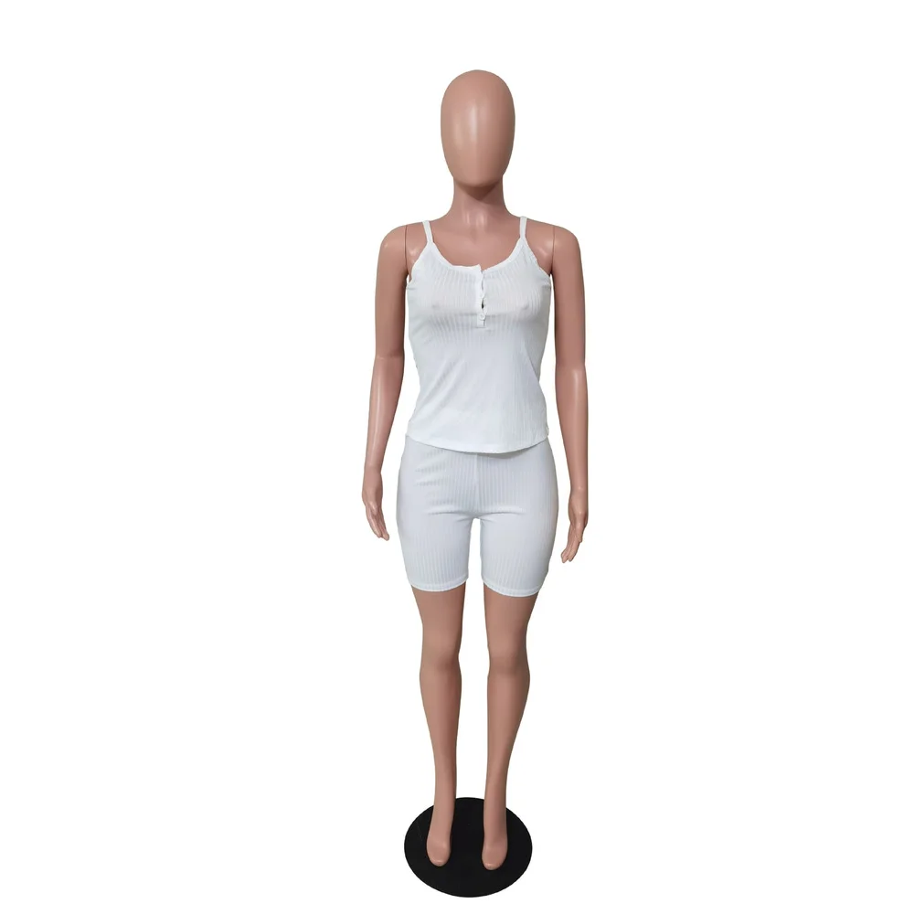 

Women Fitness Ribbed Two Piece Club Outfits Stretchy Female Sport Tracksuit Spaghetti Strap Button Crop Top and Biker Short New