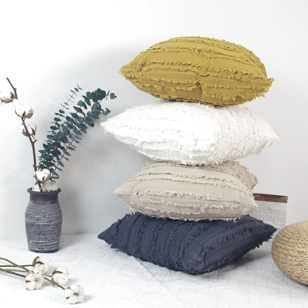 Наволочка из хлопка и льна жаккардовая декоративная подушка с бахромой тонким