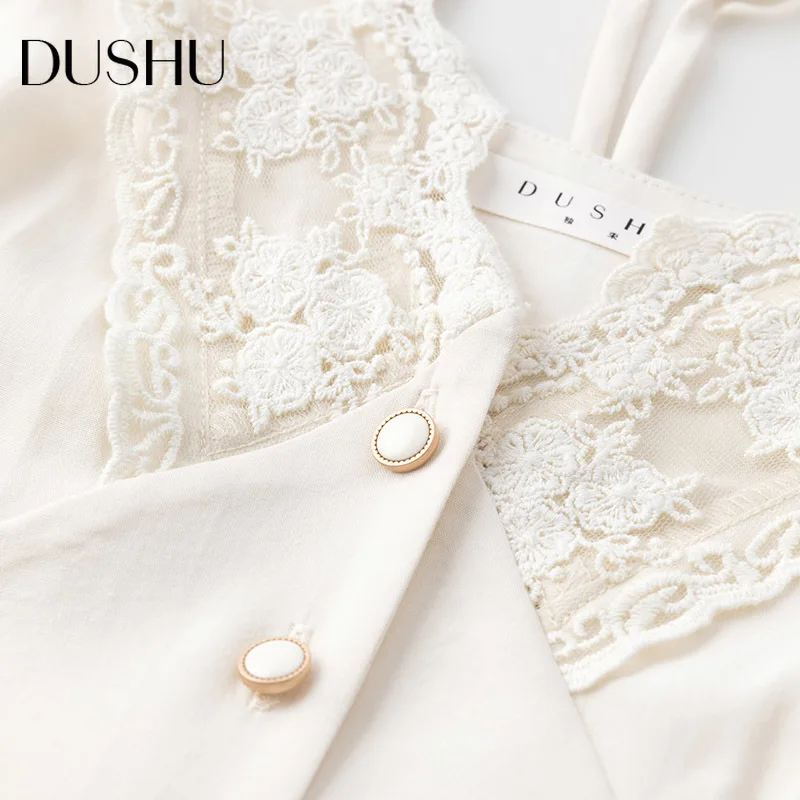 

DUSHU Plus size sexy backless lace white blouse shirt Women short sleeve bandage button up shirt Summer v neck short top female