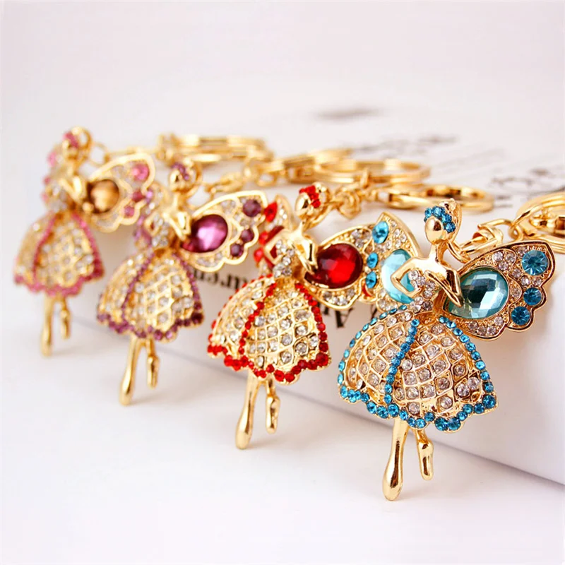 

4PCS/LOT Fashion Dancing Ballet Girl Keychain Ballerina Pendant Women Jewelry Rhinestone Keyring