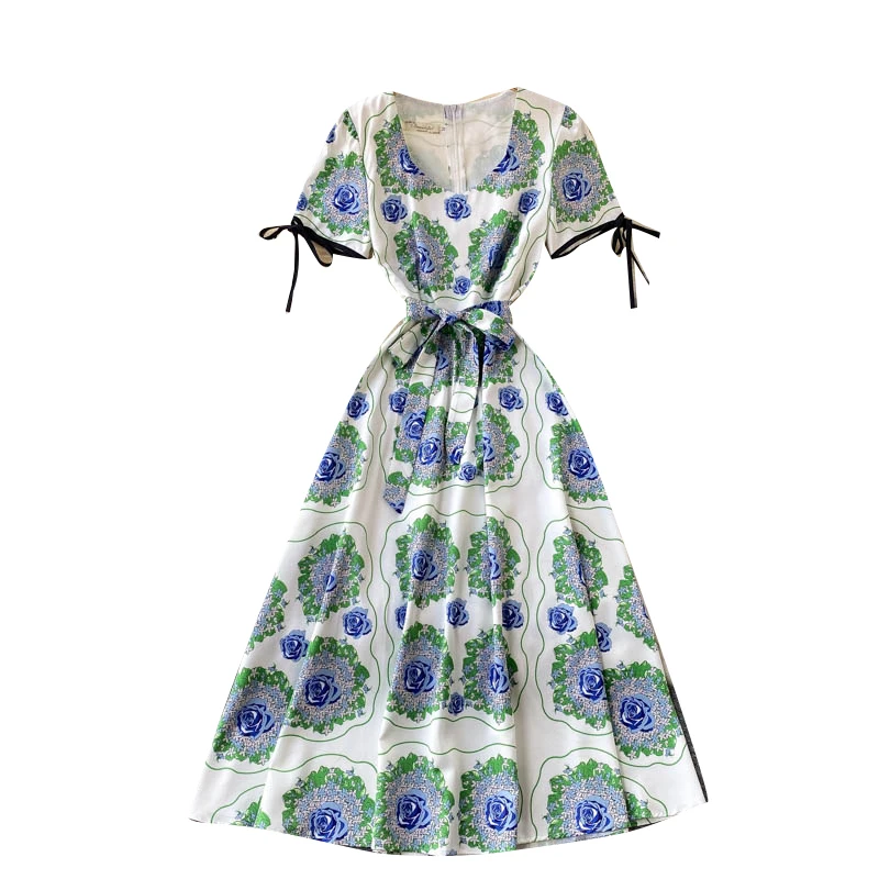

2021 New Summer Dress Fashion Temperament Elegant Printing Vestidos Women's Square Collar Slim Holiday Midi Dress DK366