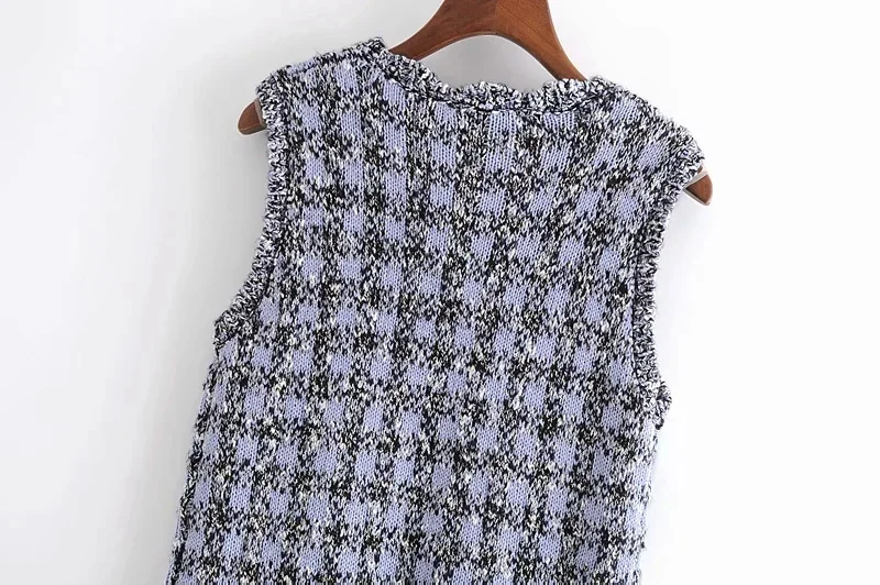 

Qeils Women Sweet Fashion Bejewelled Buttons Plaid Knitted Mini Dress Casual Vintage O Neck Sleeveless Female Dresses Mujer