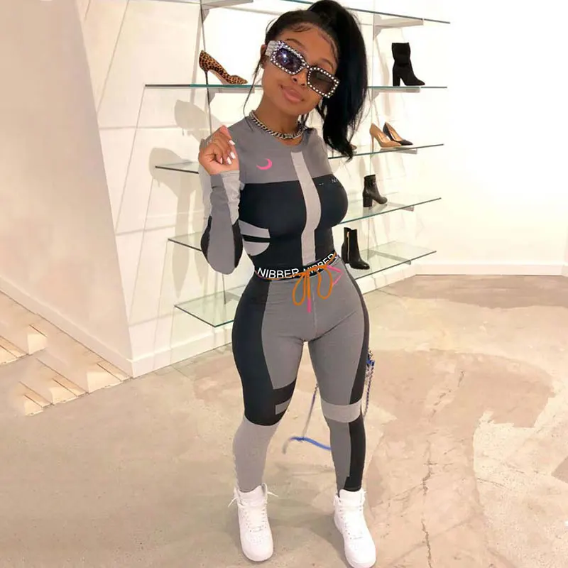 

2020 Autumn Fitness Tracksuits Women Set Sweatsuit Workout Two Piece Set Bodycon Crop Top 2 Piece Outfits Sweat Suits Women