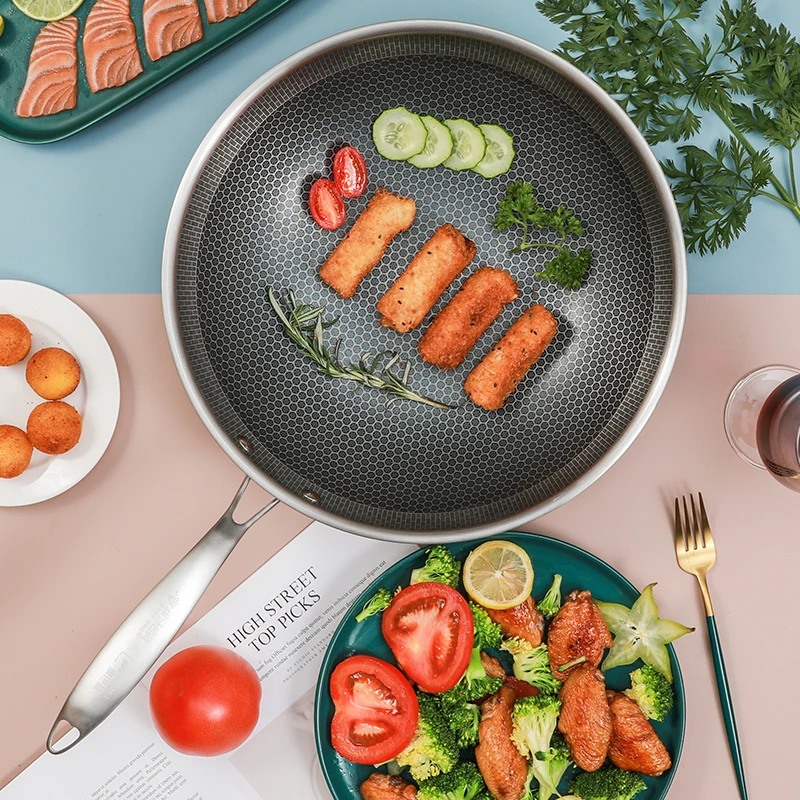 Цена Кухонная сковорода KOBACH 32 см антипригарная сковорода с сотовым дном из нержавеющей стали 304 китайская сковорода антипригарная сковорода с к...