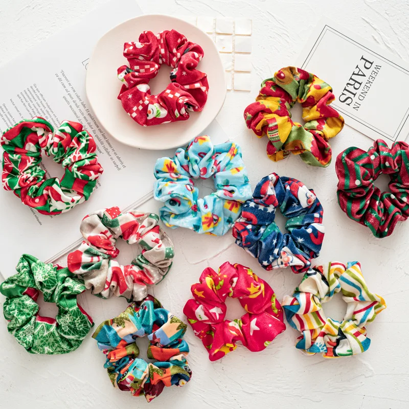 

Christmas Women Rubber Band Scrunchies Ponytail Holder Hair Rope Headband Elastic Hairband Xmas Geometric Print Hair Accessories