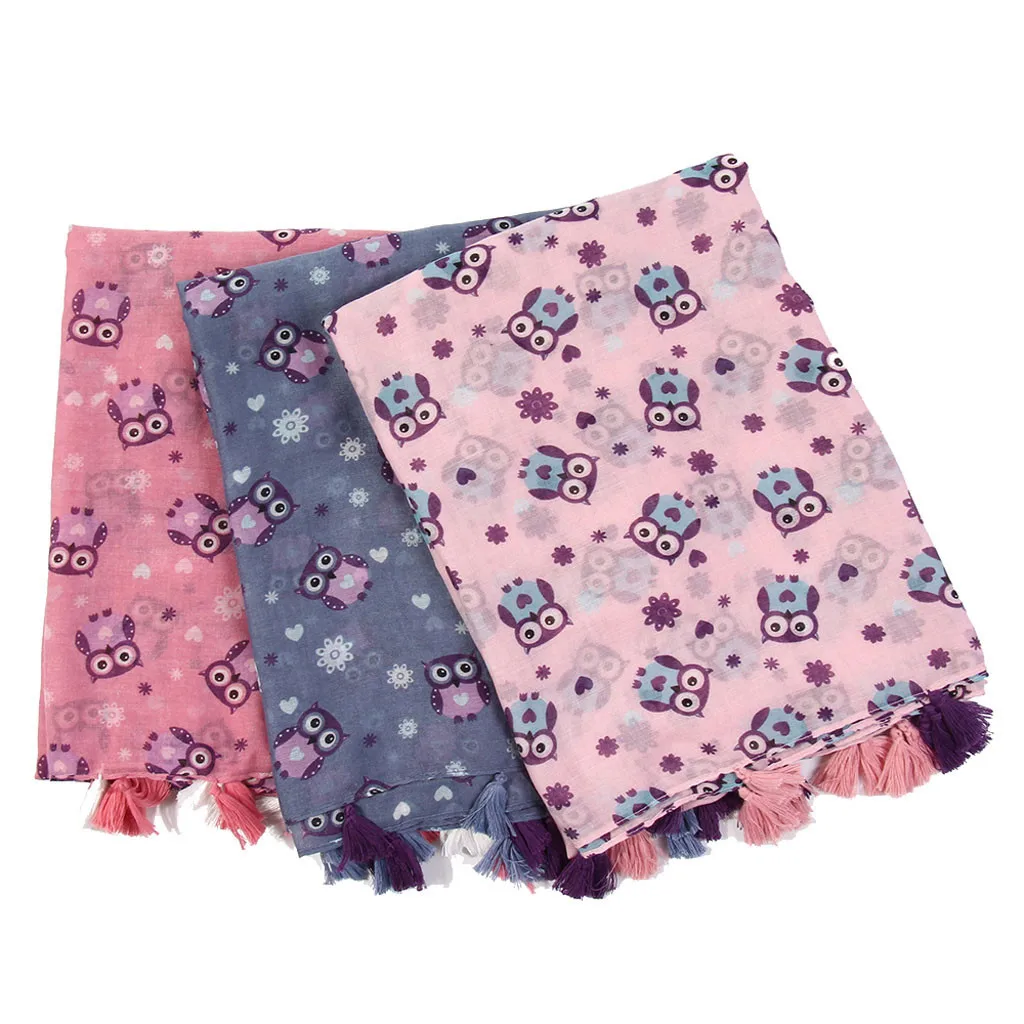 Модные зимние теплые шали шарф женский с принтом Совы и кисточками роскошный