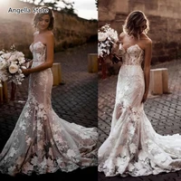 romantic mermaid floral lace country wedding dresses 2021 strapless sweetheart corset bohemian beach bridal gowns appliques long