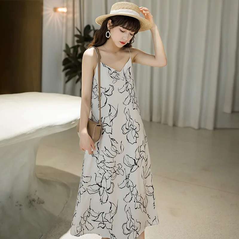 

Jlong Women Summer Floral Print Strap Dress French Style Female Sleeveless Beach Slim Dresses