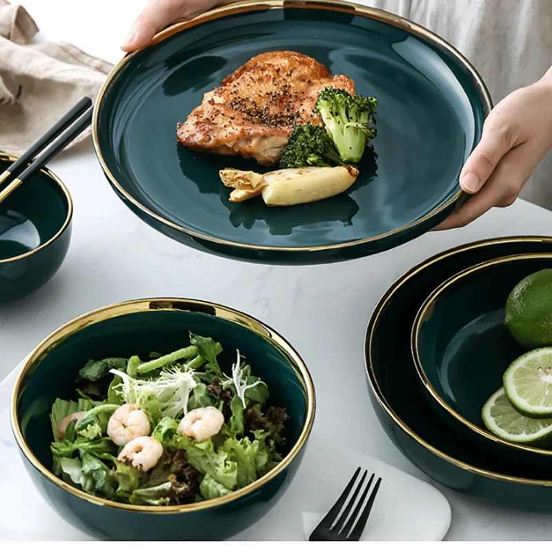 Темно-зеленый набор посуды с золотой инкрустацией керамические блюда для стейка
