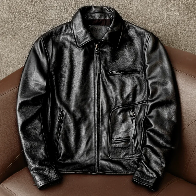 

Men Jacket New Style.warm Men Cowhide Jacket.quality Biker Leather Coat.fashion Slim Leather Clothes.black