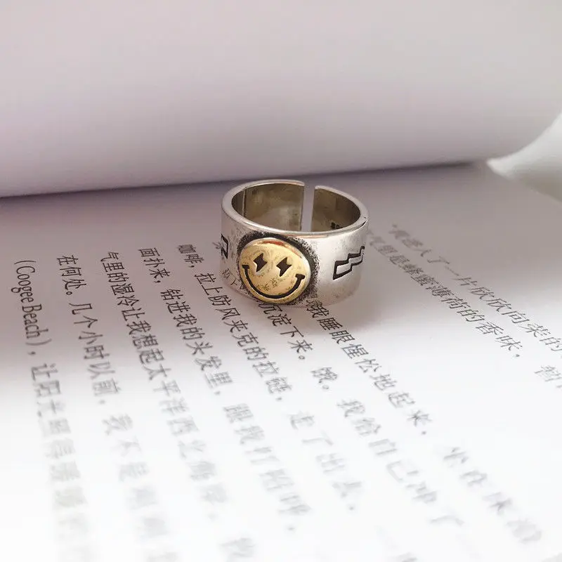 Punk Ancient Silver Color Happy Smiling Face Open Rings for Women Adjustable Stackable Link Twisted Ring Fashion Jewelry | Украшения и
