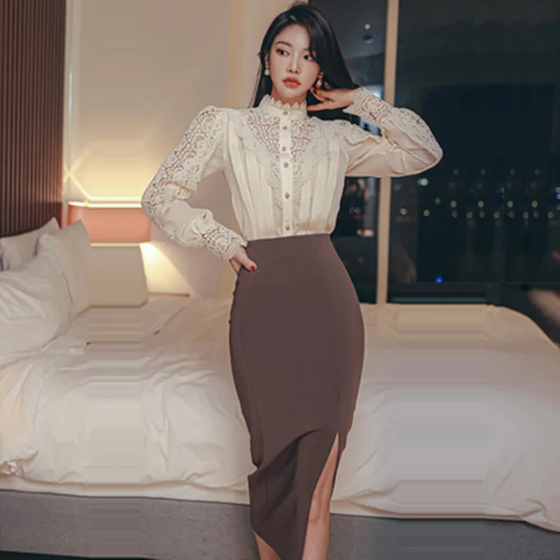 

Женский комплект из 2 предметов, элегантный кружевной топ и юбка-футляр средней длины с высокой талией и простая офисная юбка