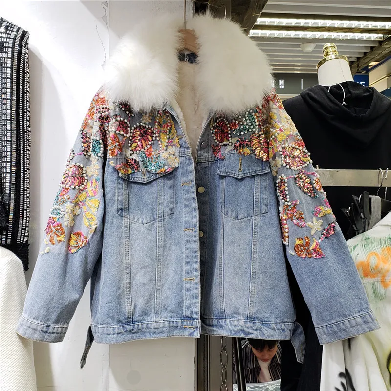

Зимняя женская джинсовая парка, с цветочным принтом, со съемным воротником из искусственного меха