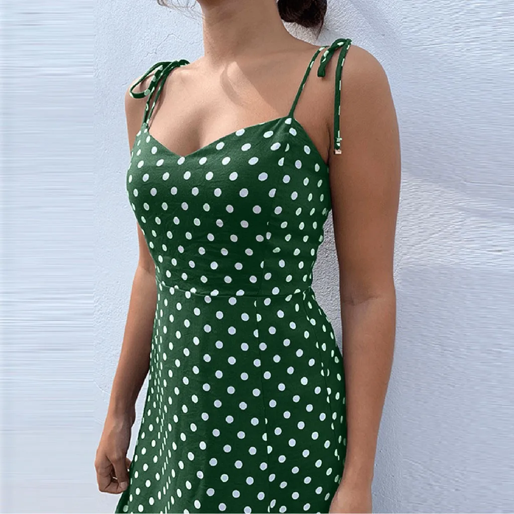

Womens Summer Dresses Causal Dot Sleeveless Boho Dresses Sundress Spaghetti Straphigh Waist V-neck Slim Dress Ladies Vestidos