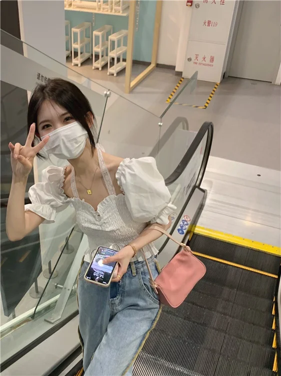 Кружевная футболка с подвесным воротником рубашка коротким рукавом пузырями