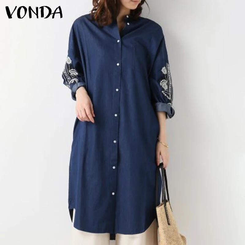 

Embroidery Denim Shirts VONDA Women Long Sleeve Buttons Blouse 2021 Autumn Vintage Tops Loose Streetwear Blusas Femininas