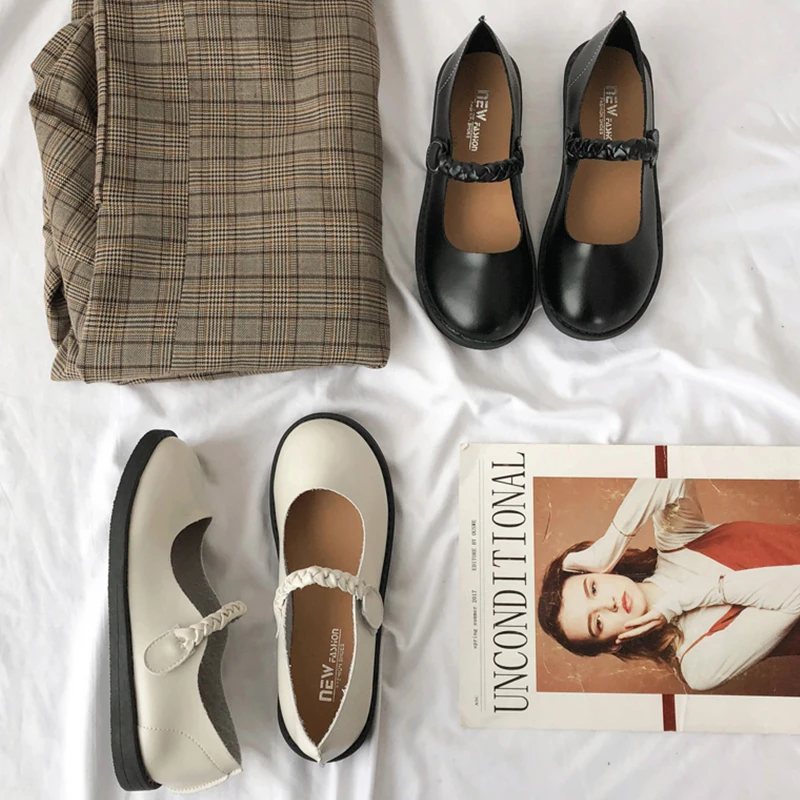 

Retro Shallow Mouth Flat Single Shoes Japanese Harajuku Small Leather Shoes Student Round Head Doll Shoes Casual Womens Shoes