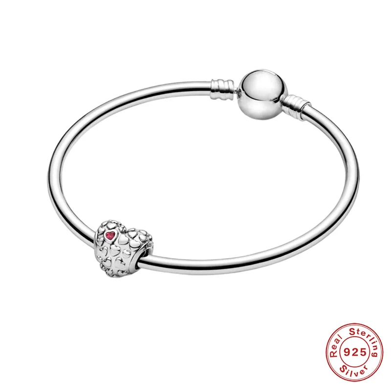 

MC 2021 Fashion 925 Sterling Silver Charms Beads Fit Original Pandora Retro Heart-shaped Bead With Red Crystal DIY Jewelry Gift