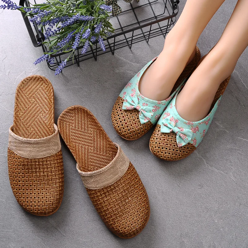 

Women Female Summer Slippers Soft Flax Linen men Home Indoor Shoes Natural Bamboo Rattan Cane Vine Grass Weaving Casual Sandals