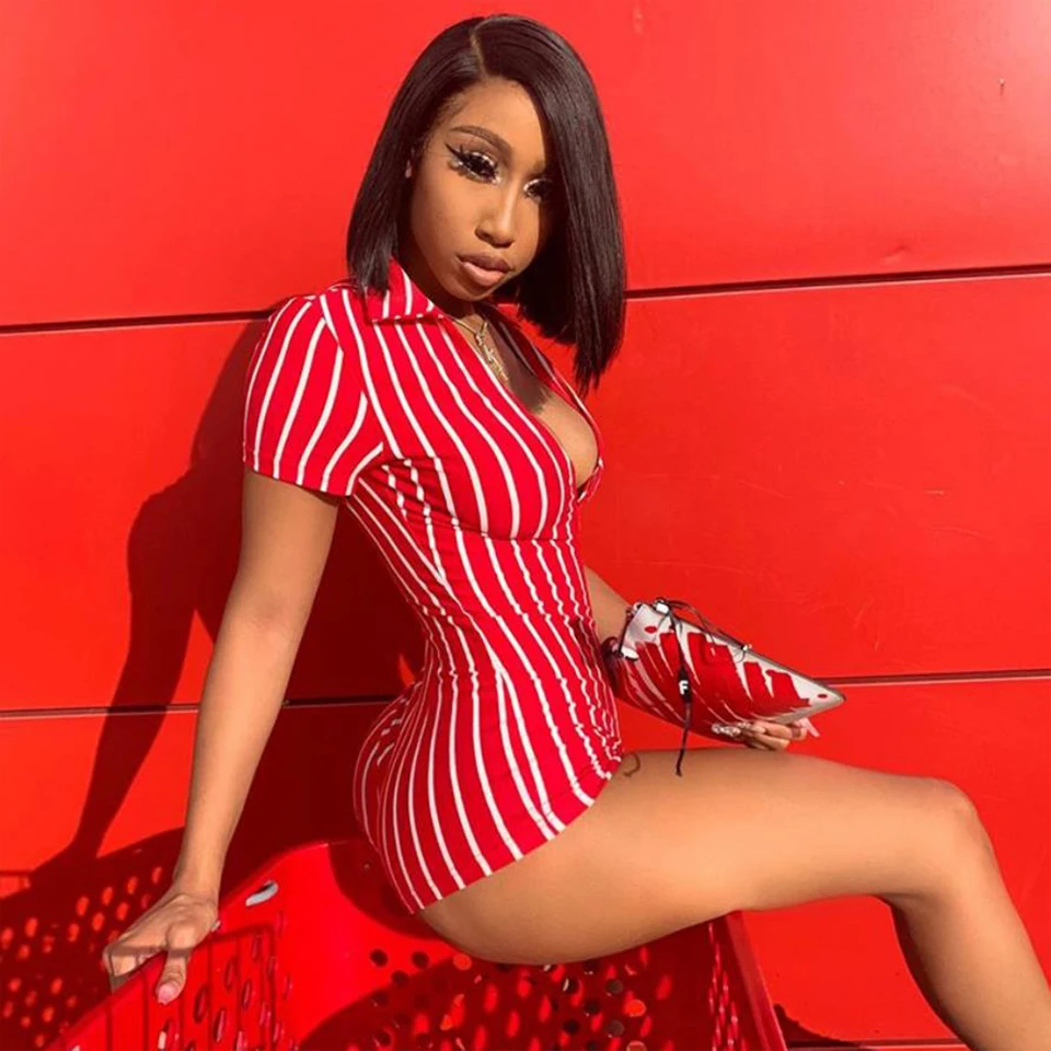 

Women Fashion Striped Short Romper Playsuit Sexy Zipper Skinny Party Club Jumpsuit Short Sleeve Bodysuits Outfits
