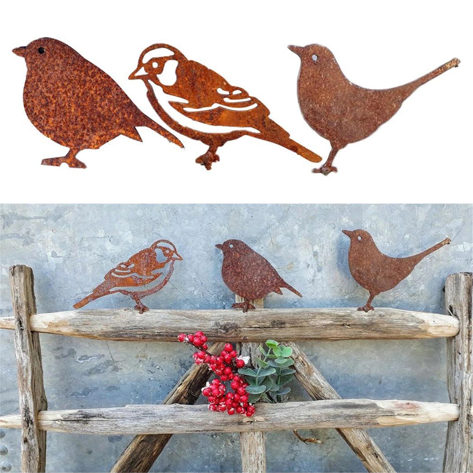 

Rusty Metal Bird Silhouettes Garden Fence Decor Woodpecker Robin Steel Country Yard Art Gardening Decoration Metal Bird