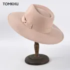 Шляпа Женская фетровая с широкими полями и плоским верхом, элегантная фетровая Панама из шерсти розового цвета, регулируемая, для зимы