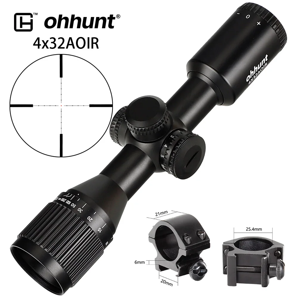with Picatinny Rings Охота ohhunt 4X32 AOIR Компактный Тактический широкий угол оптические прицелы Mil точка с подсветкой Стекло гравированная сетка Оптика прицел - Цвет: with Picatinny Rings