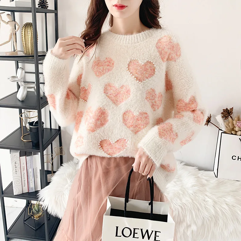 Woman Thicker Sweater 2019 Winter New C.h.i.c Women's Korean Maiden Sweet Cute Japanese Heart Beading Short Pullover Loose Warm | Женская