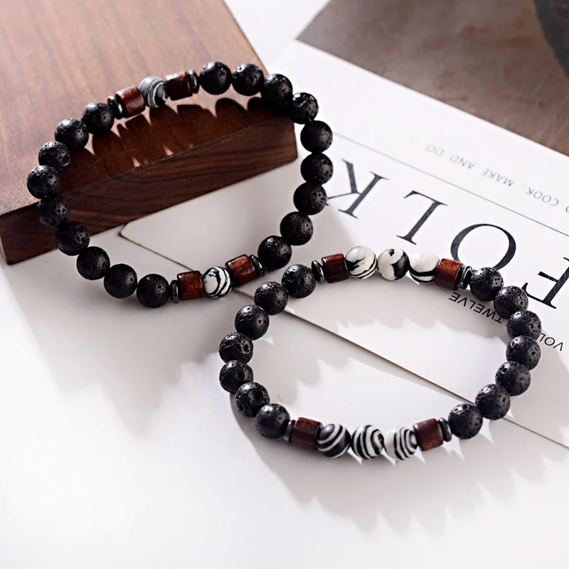 OIQUEI браслет для пары женщин и мужчин натуральный лавовый камень деревянные