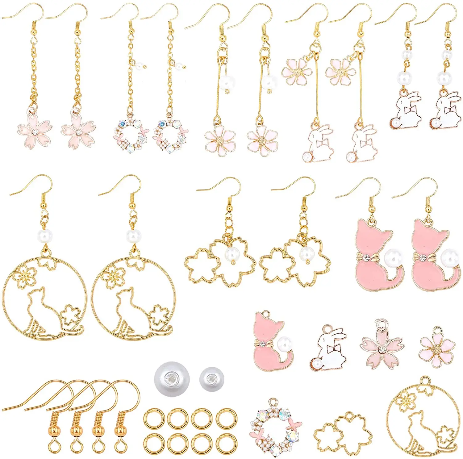 

1 Box DIY 8 Pairs Gold Plated Enamel Flower Earrings Cherry Blossoms Pearl Dangle Earrings Making Kit for Girls Jewelry Making