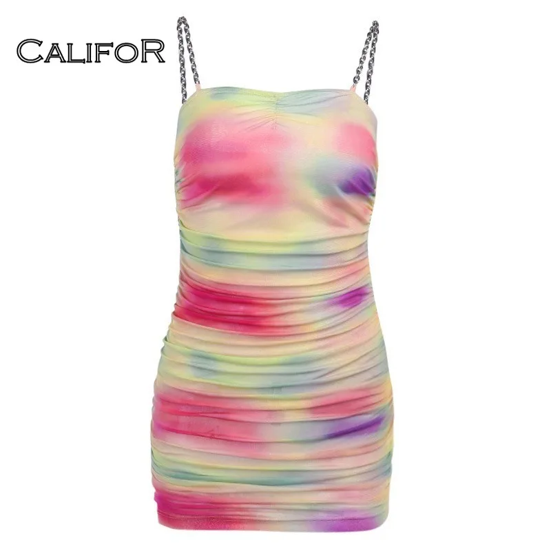 

Tie-dye Chain Women Sundresses Sexy Backless Summer Women's Dress 2021 Sleeveless Bodycon Dresses Pleated Mini Vestidos