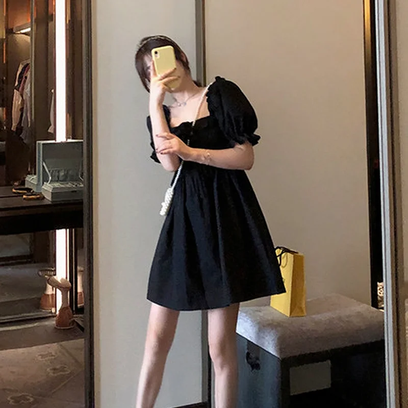 

Dress Women Black Fairy Puff Sleeve Sweet Mini Vintage Party Lovely Female Simple Japanese Style Popular Summer Square Collar