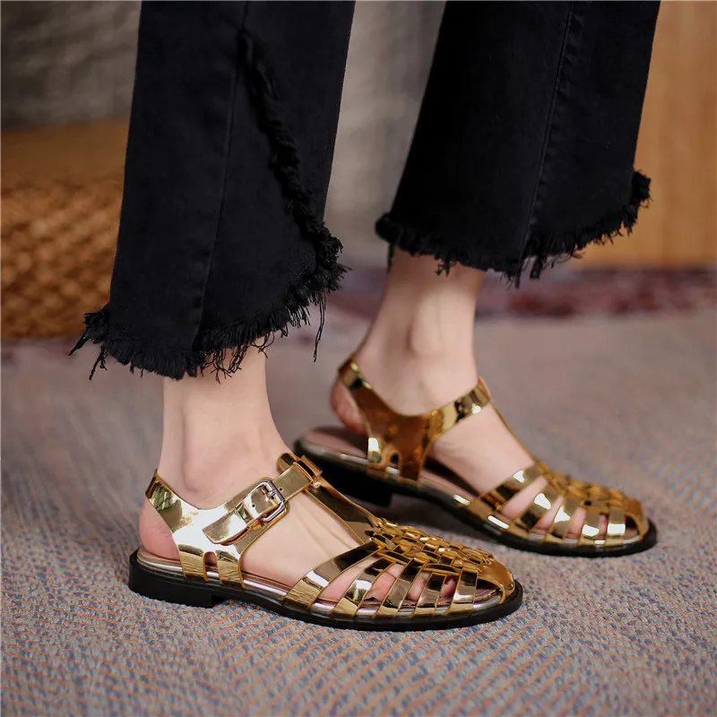 

MORAZORA 2021 Summer Patent Leather Sandals Women Low Heel Round Toe Comfortable Casual Shoes Fashion Gladiator Sandals
