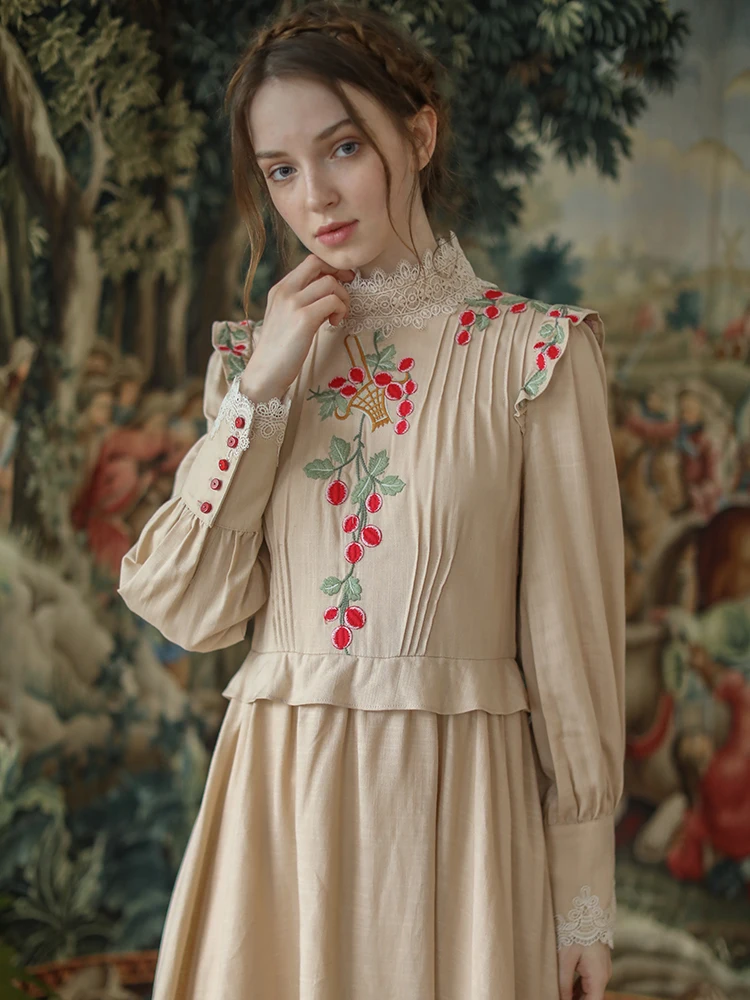 

2020 New Arrival Sweet A-line Floral Full Embroidery Mid-calf Natural Stand Dresses