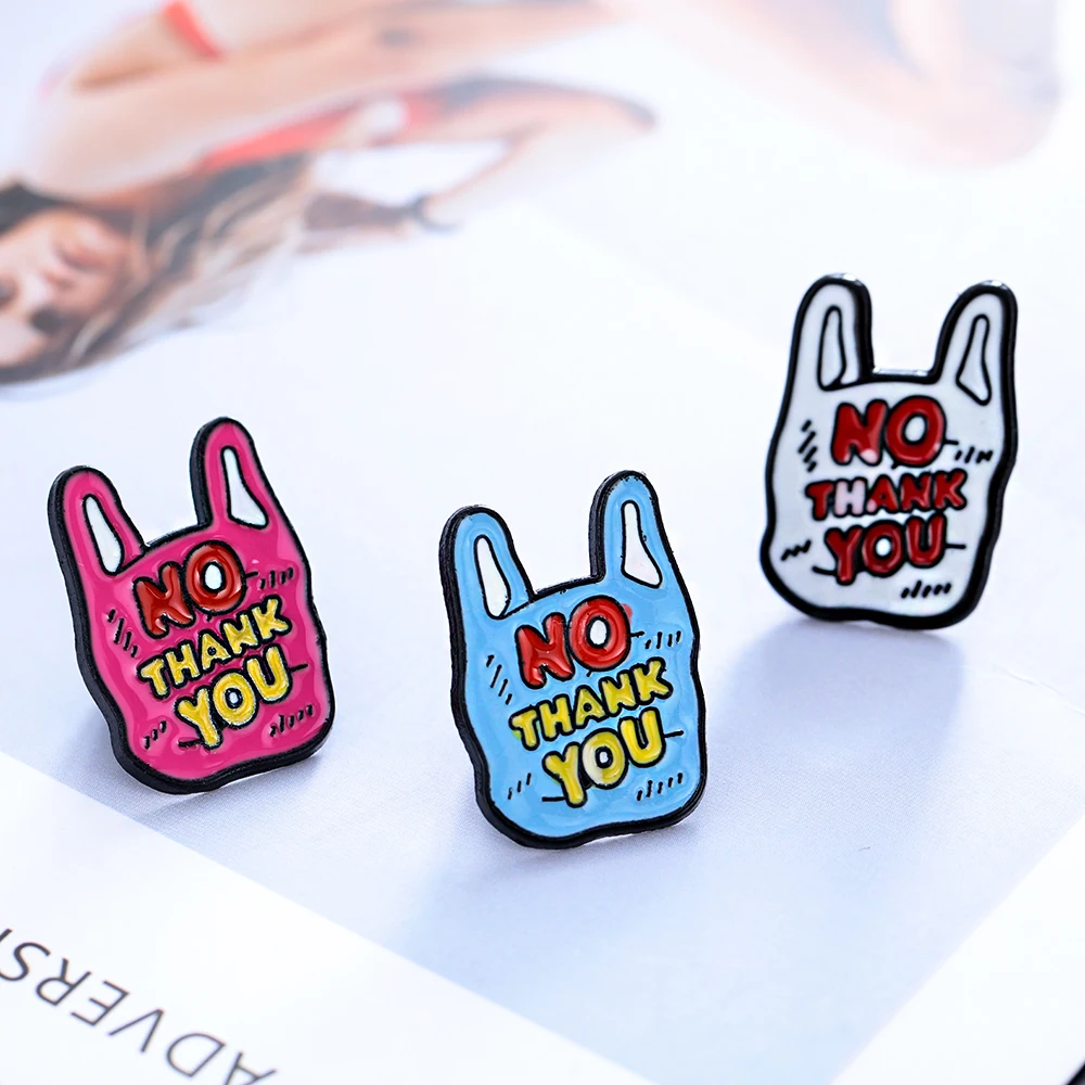Green Plastic Bag Two-color Brooch NO THANK YOU Cartoon Raw Enamel Pin Knit Backpack Badge Family Friends Gifts Bijo | Украшения и